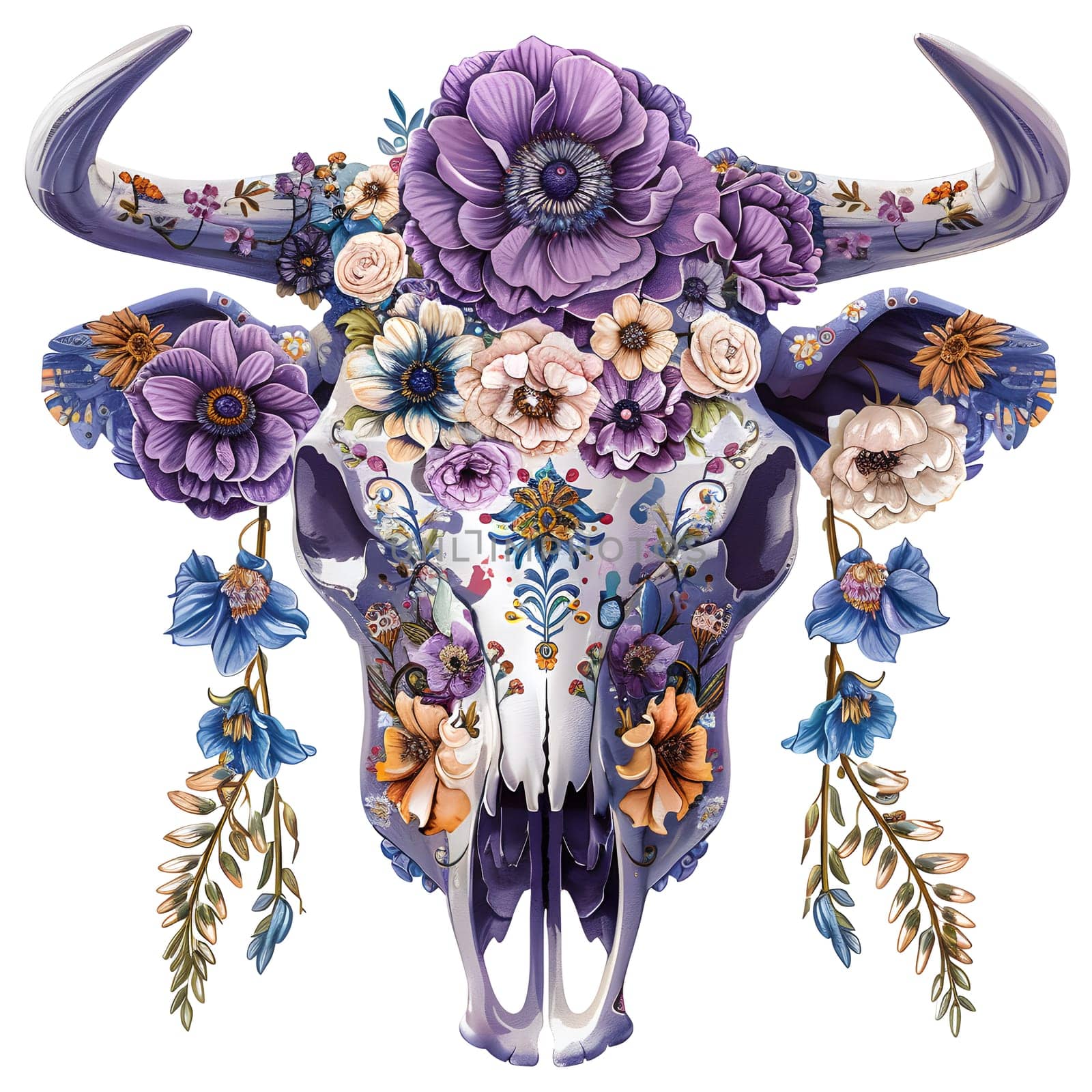 Bull skull adorned with beautiful purple and electric blue flowers by Nadtochiy