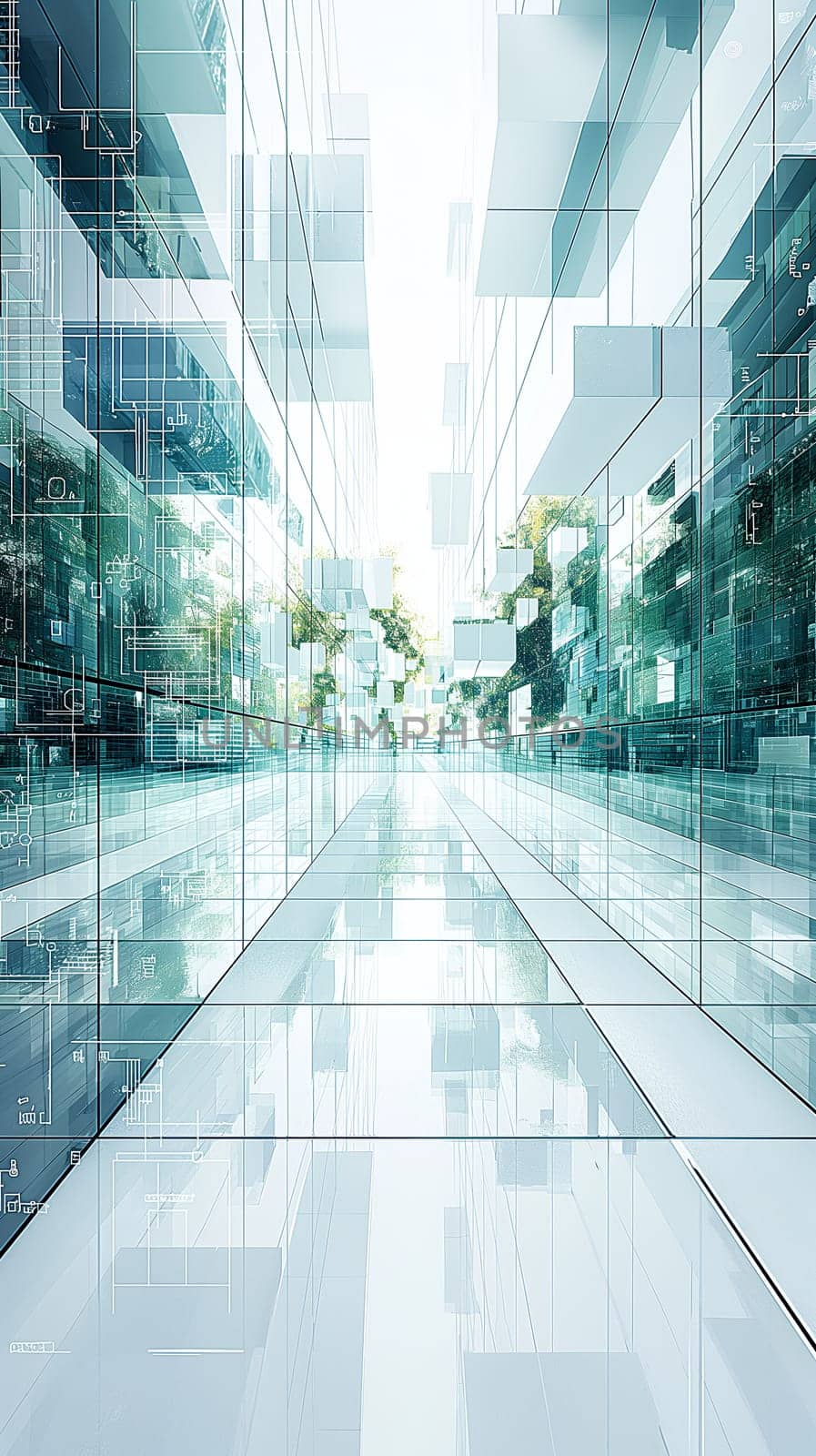 A futuristic urban corridor with gleaming glass surfaces, geometric patterns, and plays of light creating a sense of depth and modernity - Generative AI