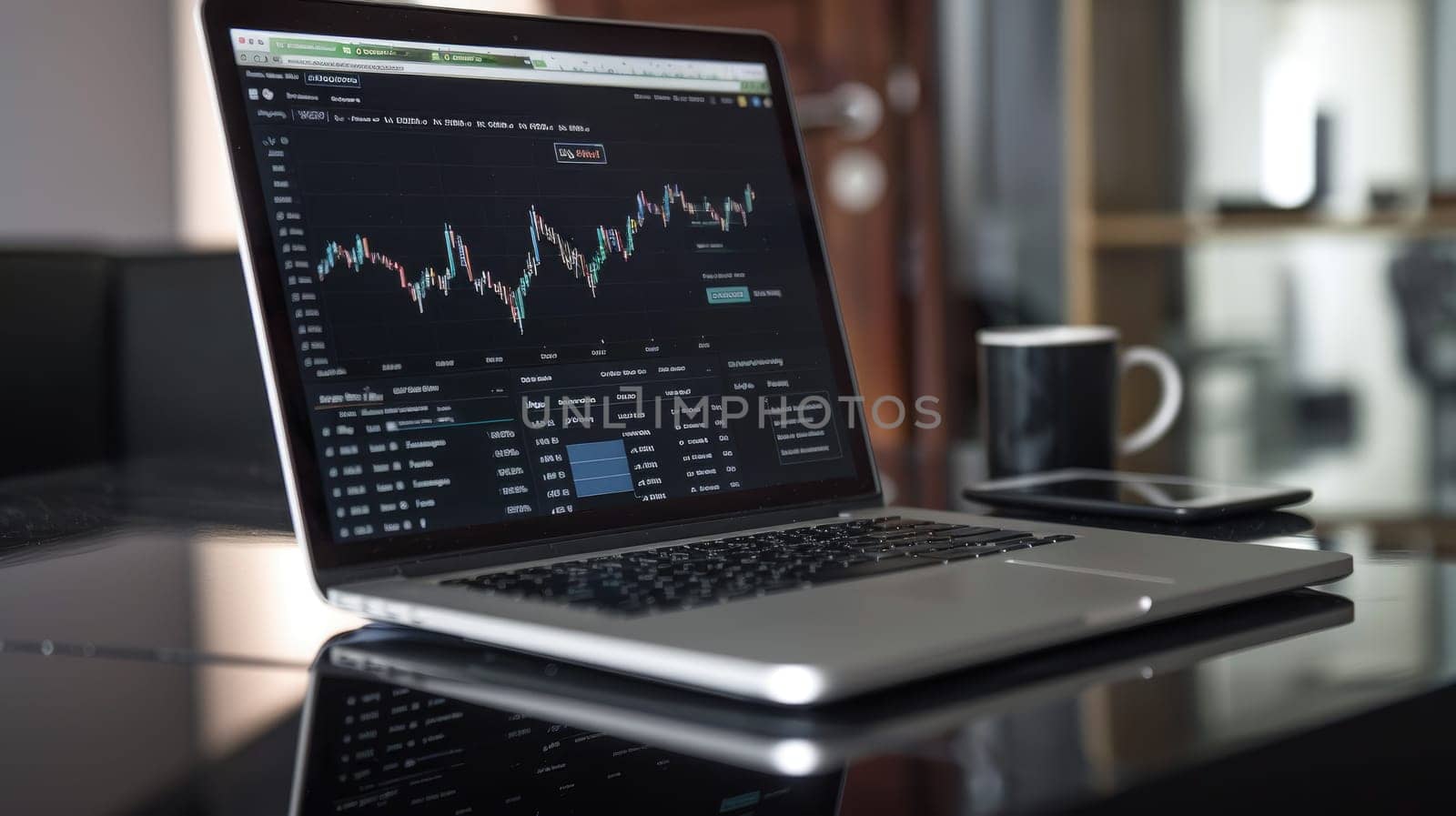 A laptop computer is open to a screen displaying a stock market graph. A cup of coffee is sitting on the desk next to the laptop