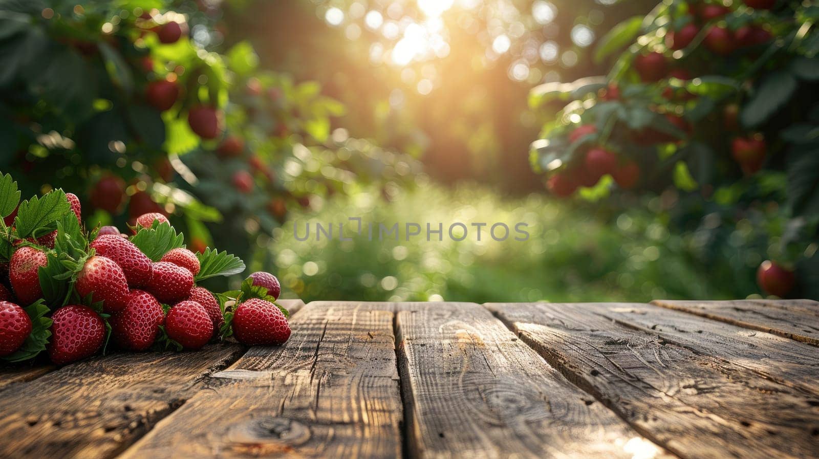 A rustic wooden table place of free space for your decoration and strawberry, Wooden table place with strawberry.