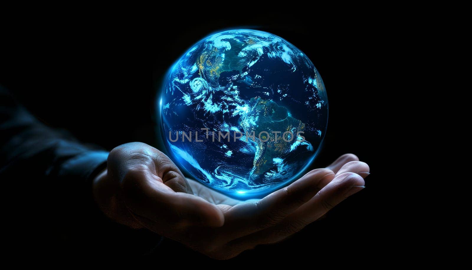 A hand is holding a blue globe with a network of lines surrounding it by AI generated image.