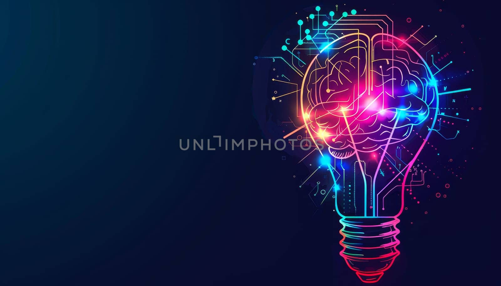 Light bulb with glowing neon brain inside, Concept of innovation and creativity by AI generated image.