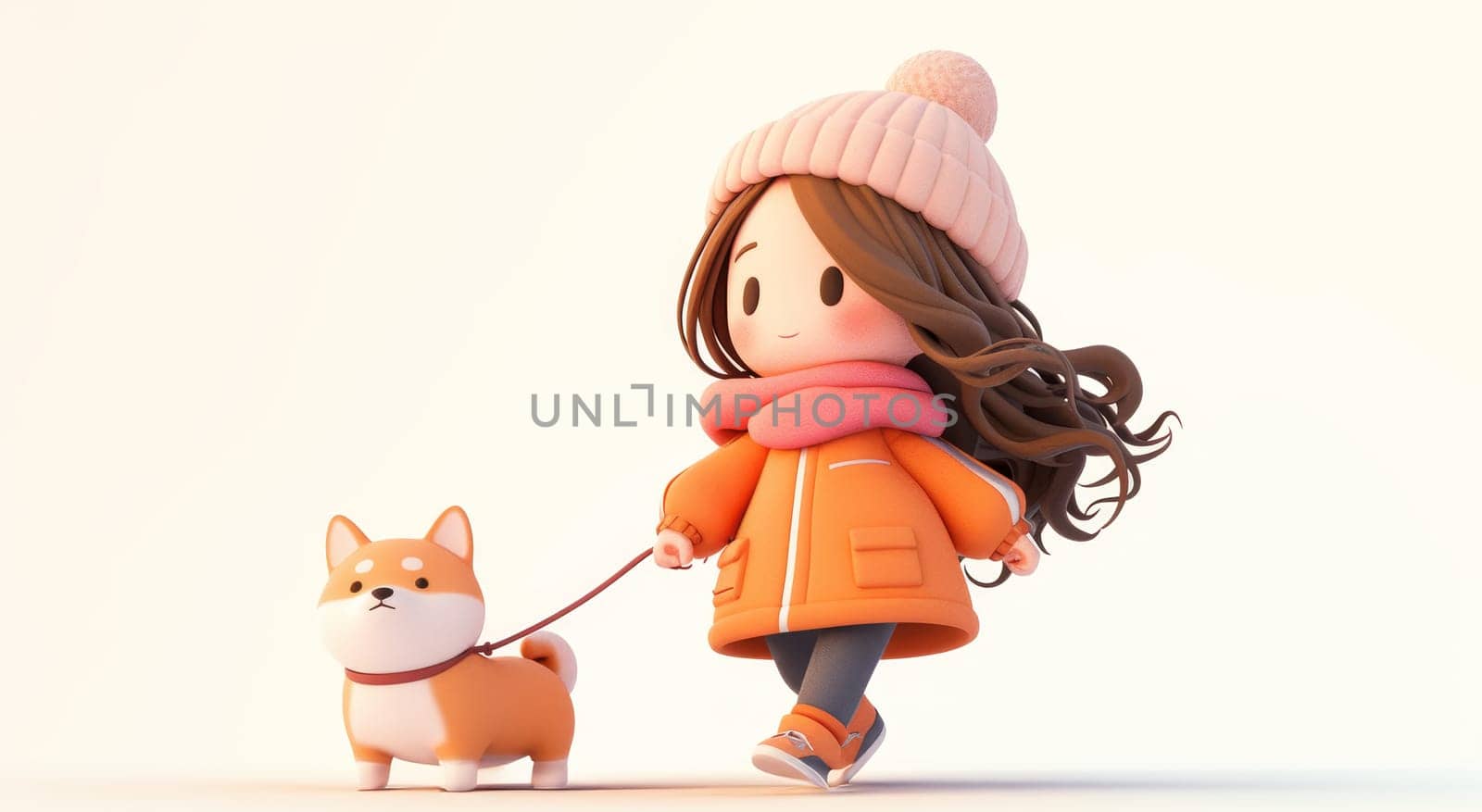 A girl is walking a dog while wearing a hat by AI generated image.