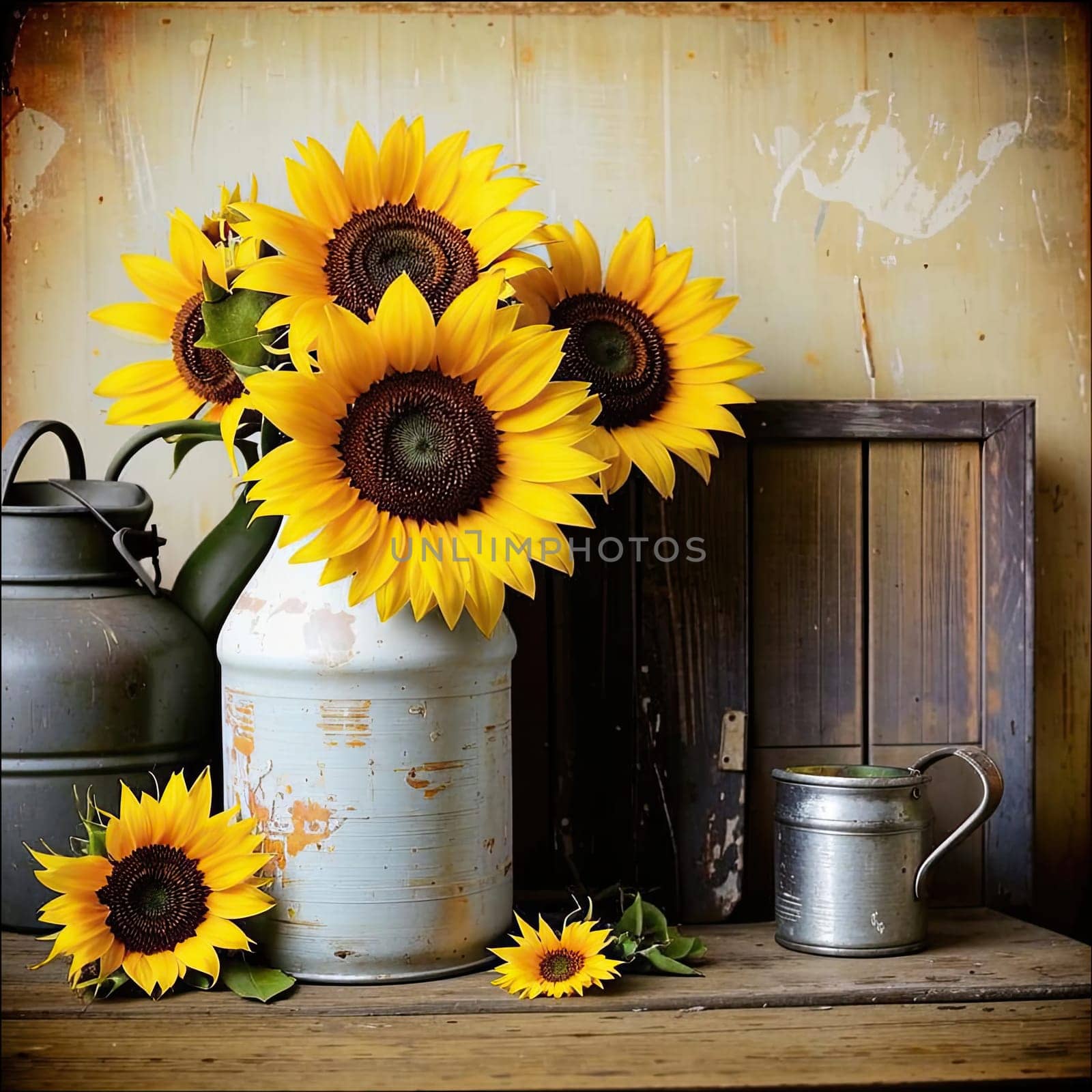 Vintage image of a rural farm wooden house with an antique milk can, a dilapidated barn, a bouquet of sunflowers. Junk journal. photograph with wear and tear. Country mood.