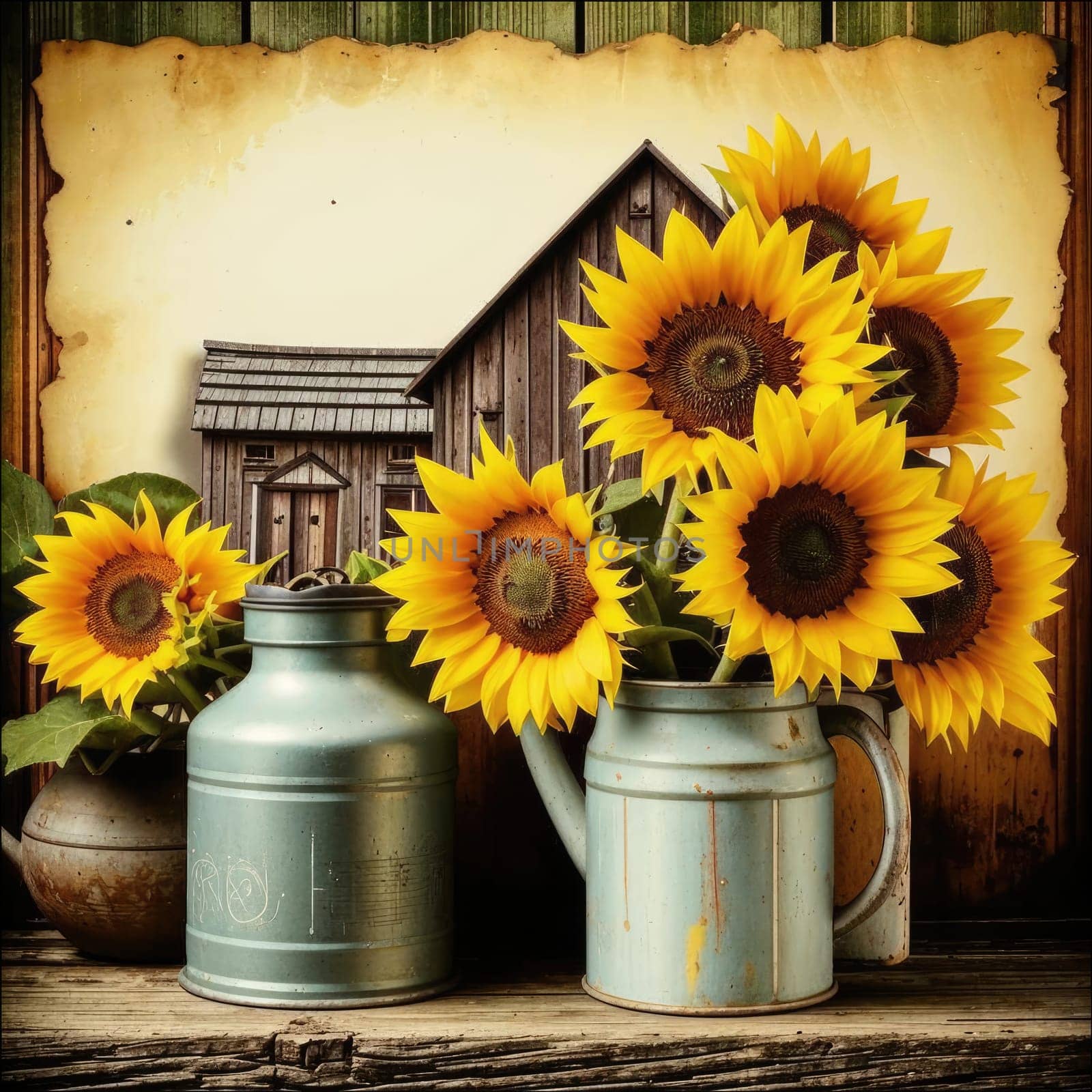 Vintage image of a rural farm wooden house with an antique milk can, a dilapidated barn, a bouquet of sunflowers. Junk journal. photograph with wear and tear. Country mood.