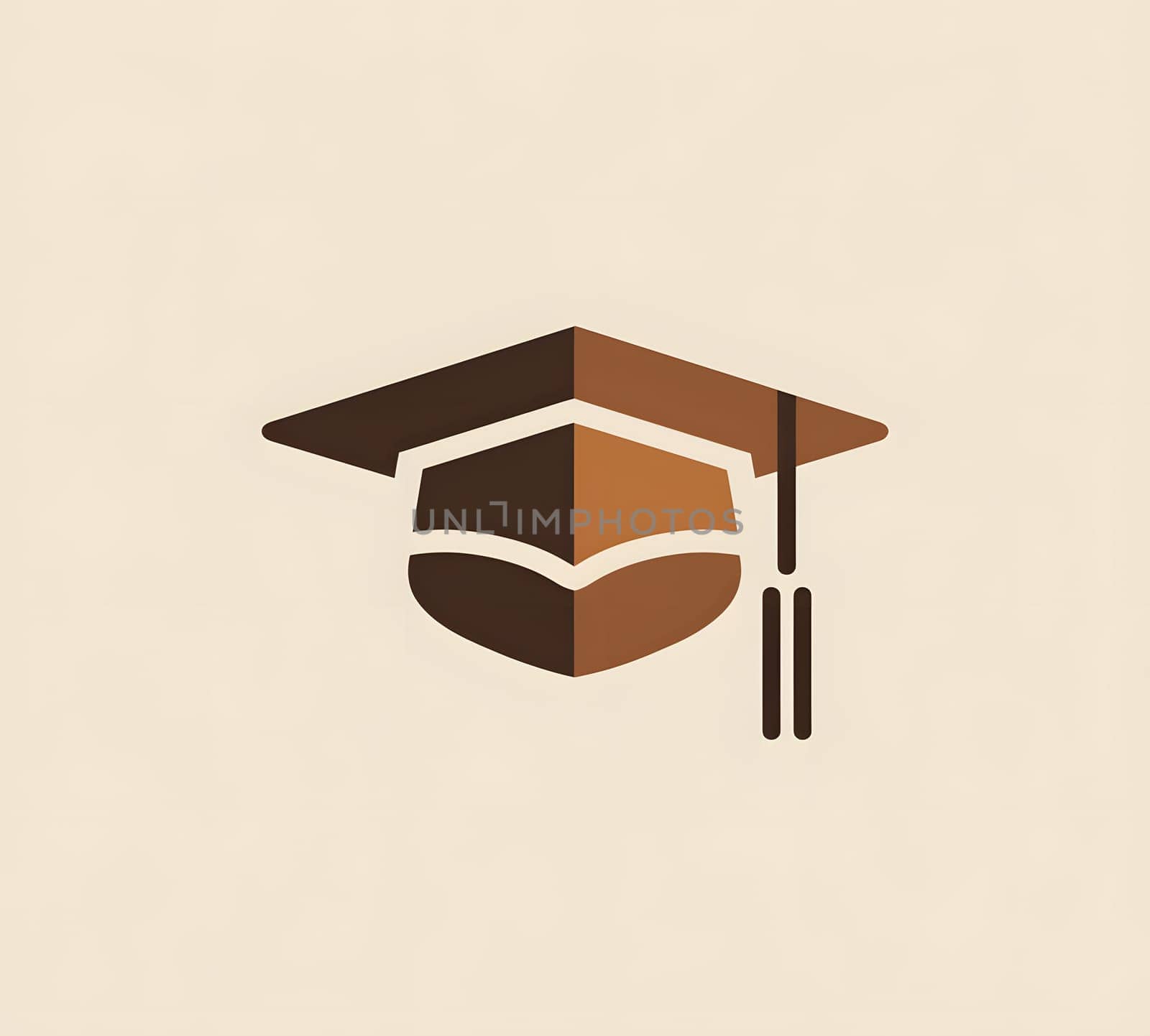 A brown graduation cap with a tassel is featured on a beige background with a circle logo in the corner. The design includes graphics and symbols, creating a sleek and modern look