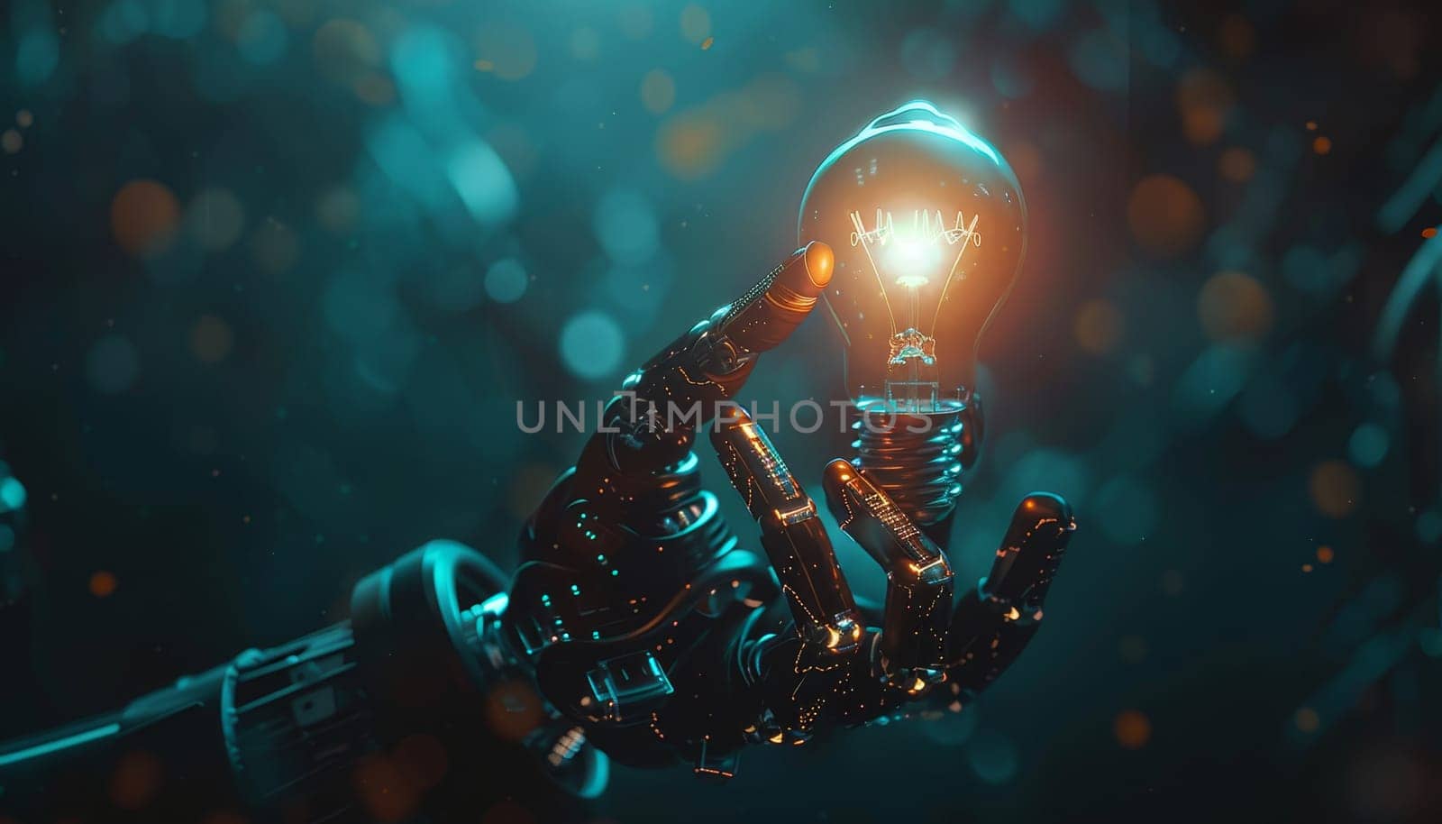 Artificial intelligence robot hand holding light bulb, Concept of innovation and technology by AI generated image by wichayada