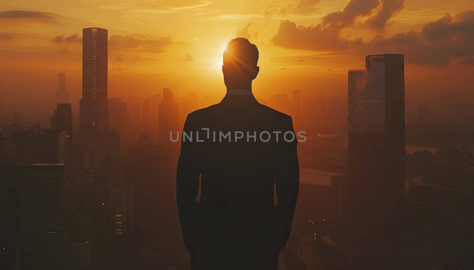 A man in a suit stands on a rooftop looking out over a city at a sunset by AI generated image by wichayada