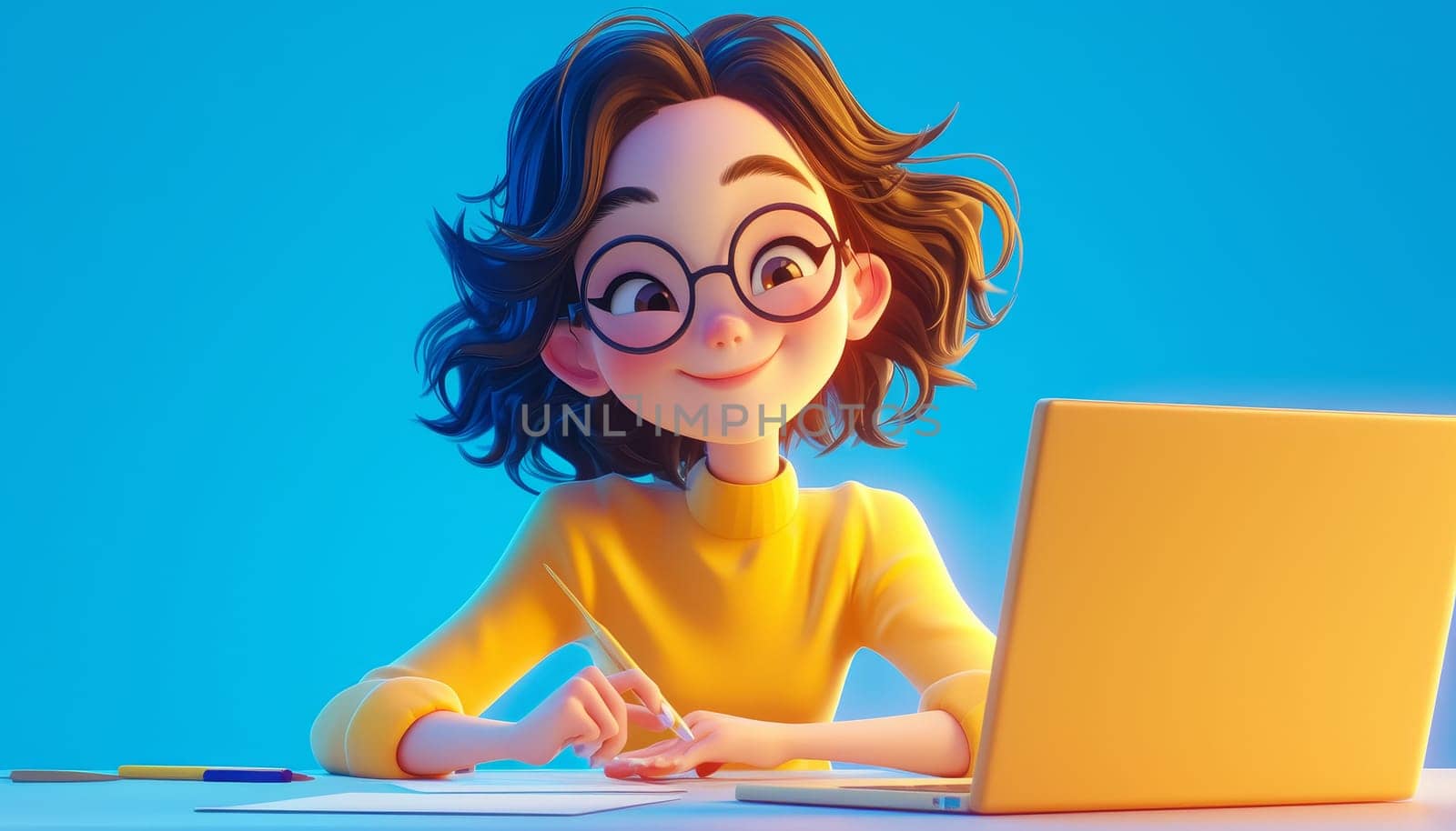 A cartoon girl is sitting at a desk with a laptop and a cup of coffee by AI generated image by wichayada