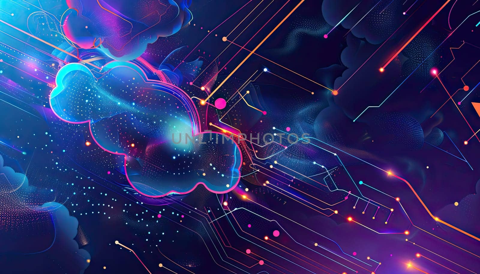 A colorful, abstract image of a cloud with a network of lines by AI generated image.