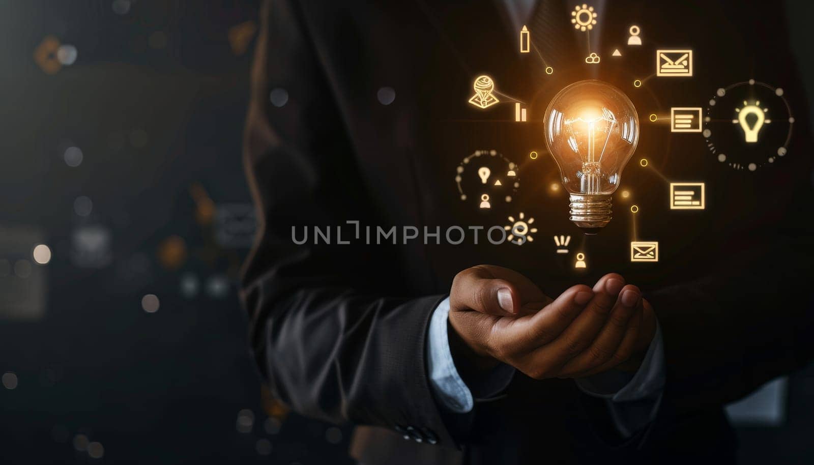 Businessman holding light bulb with digital glowing network, Concept of innovation and creativity by AI generated image.