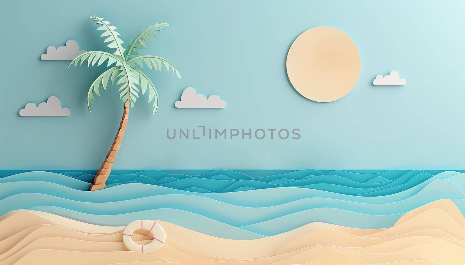 A paper drawing of a beach scene with palm trees and a large sun in the sky by AI generated image.