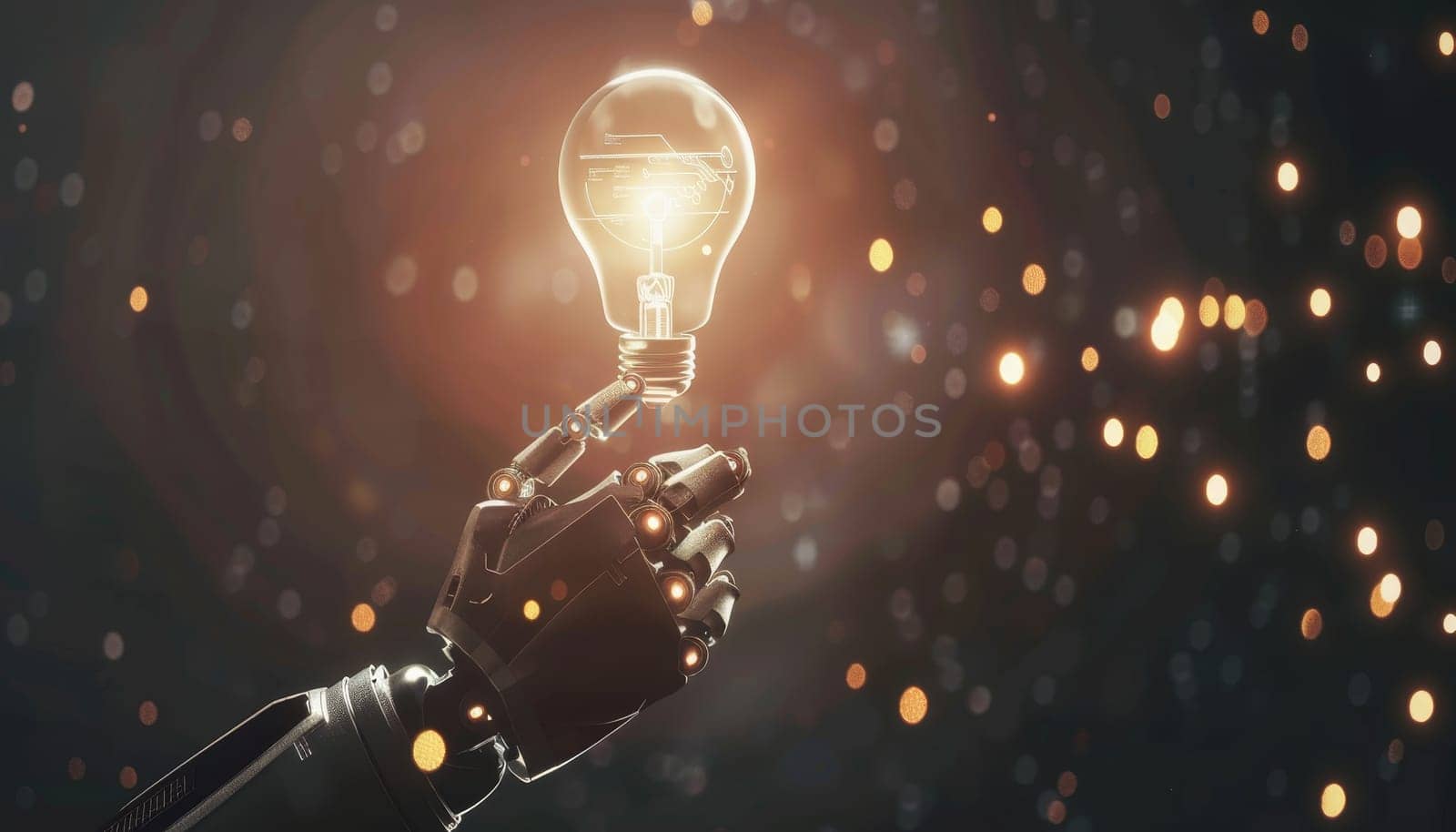 Artificial intelligence robot hand holding light bulb, Concept of innovation and technology by AI generated image by wichayada