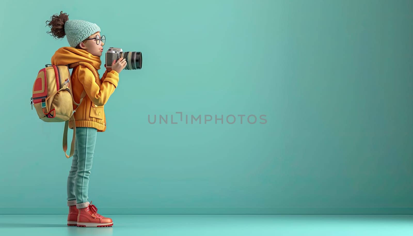 A young girl wearing a yellow jacket and a hat is holding a camera by AI generated image.