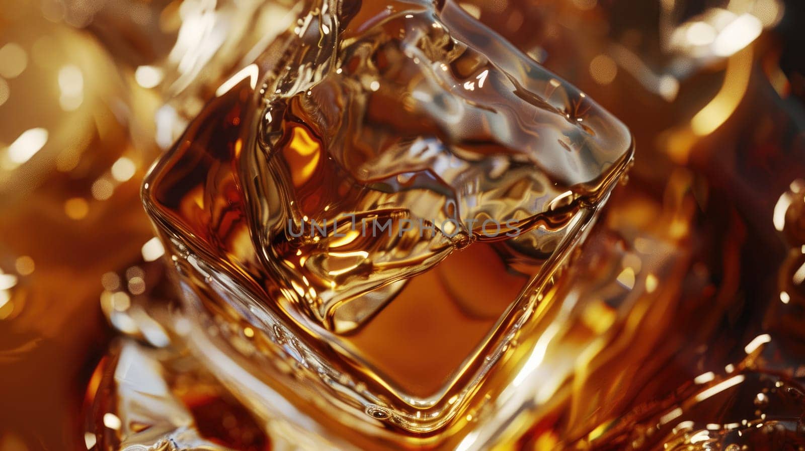 Close-up on a whiskey glass, a single ice cube slowly melting.