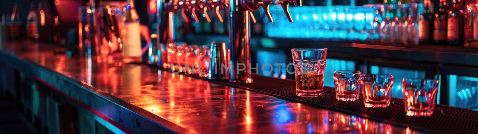 Panoramic shot of a bartop, illuminated by soft, colorful spotlights.