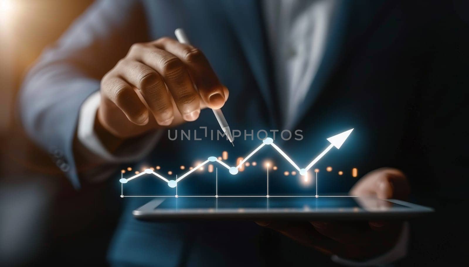 Businessman holding tablet displaying rising graph, Concept of financial growth and technology by AI generated image by wichayada