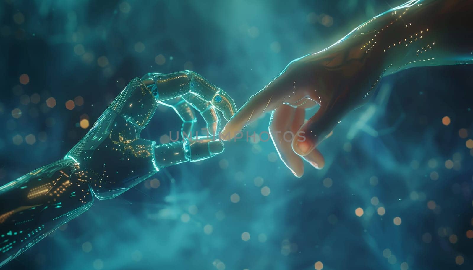 Robotic hands connecting with glowing energy, Concept of AI collaboration and technology by AI generated image.