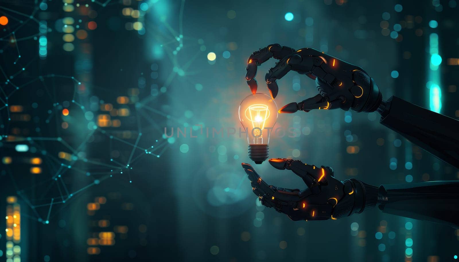 Artificial intelligence robot hand holding light bulb, Concept of innovation and technology by AI generated image by wichayada