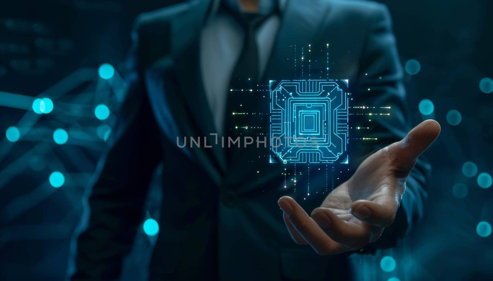 A man is holding a computer chip in his hand by AI generated image.