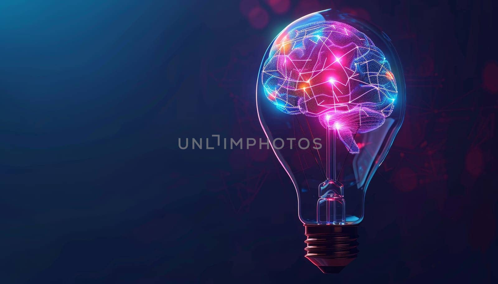 Light bulb with glowing neon brain inside, Concept of innovation and creativity by AI generated image by wichayada