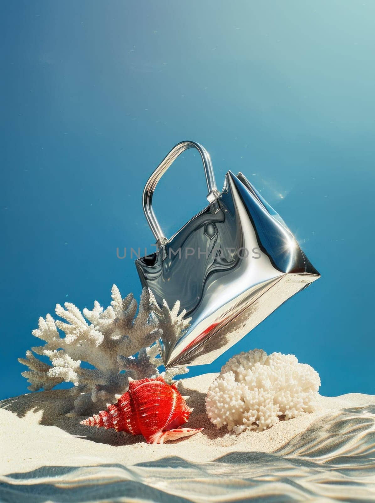 Fashionable silver handbag with seashell and starfish on sandy beach for summer travel collection