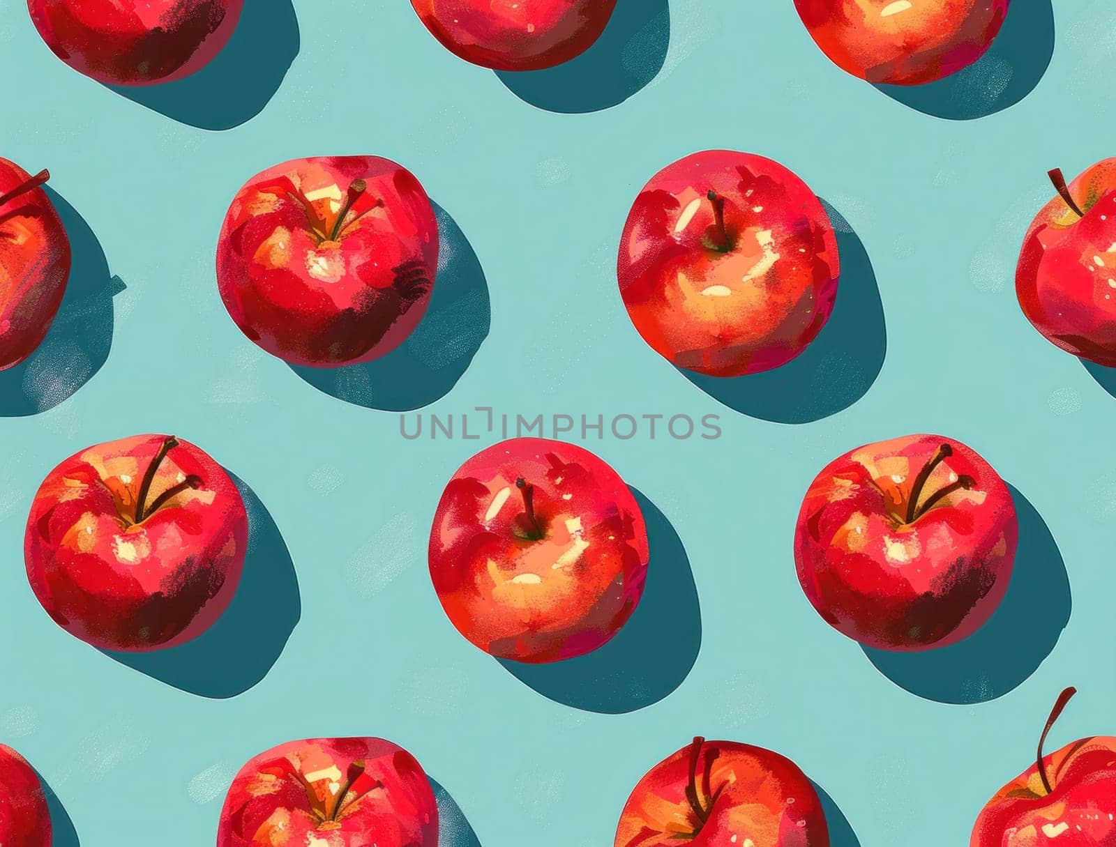 Red apples on blue background with shadows, fresh and vibrant fruit still life composition for healthy eating concept