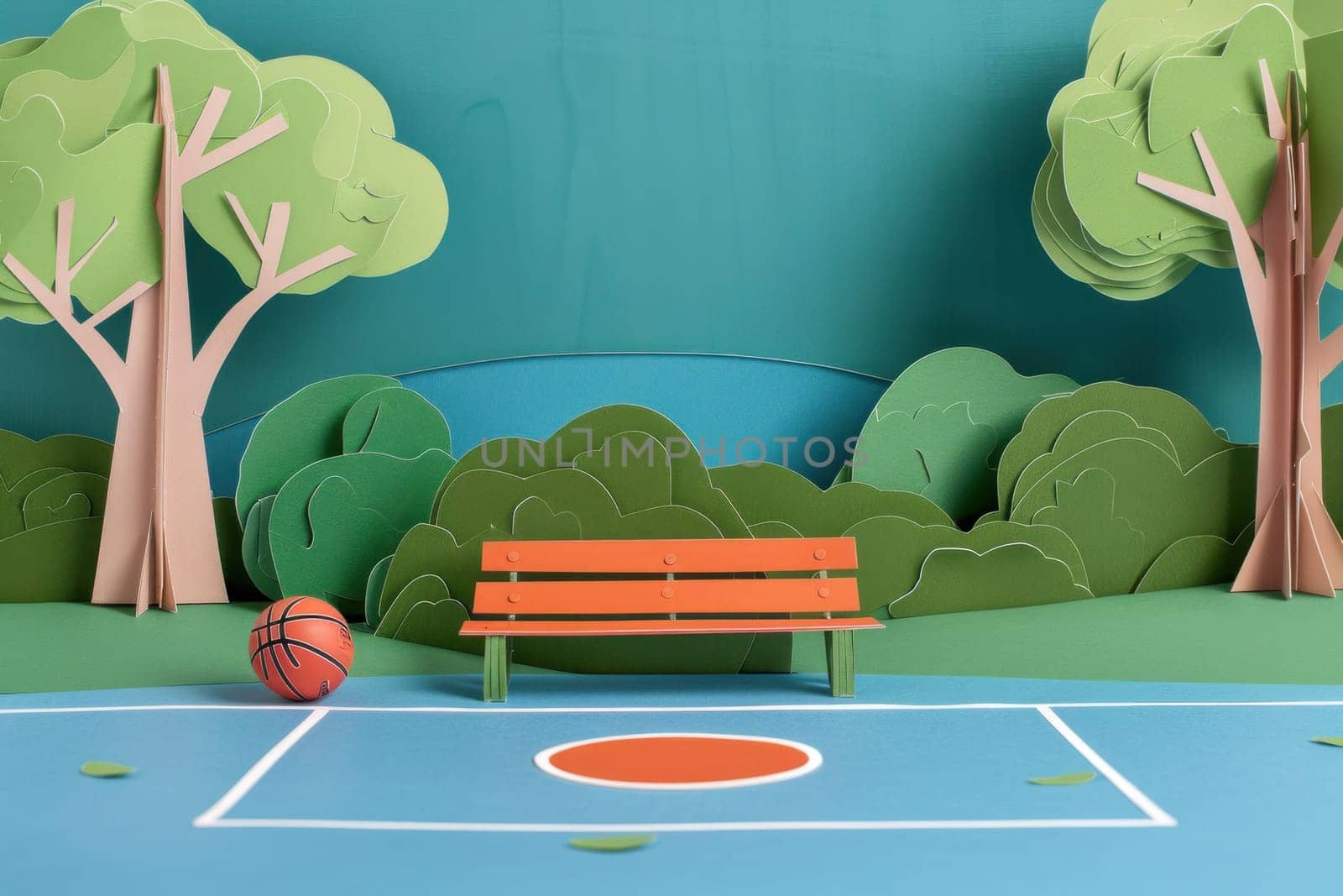 Basketball court landscape with trees, bench, and basketball in a park setting with relaxing vibes