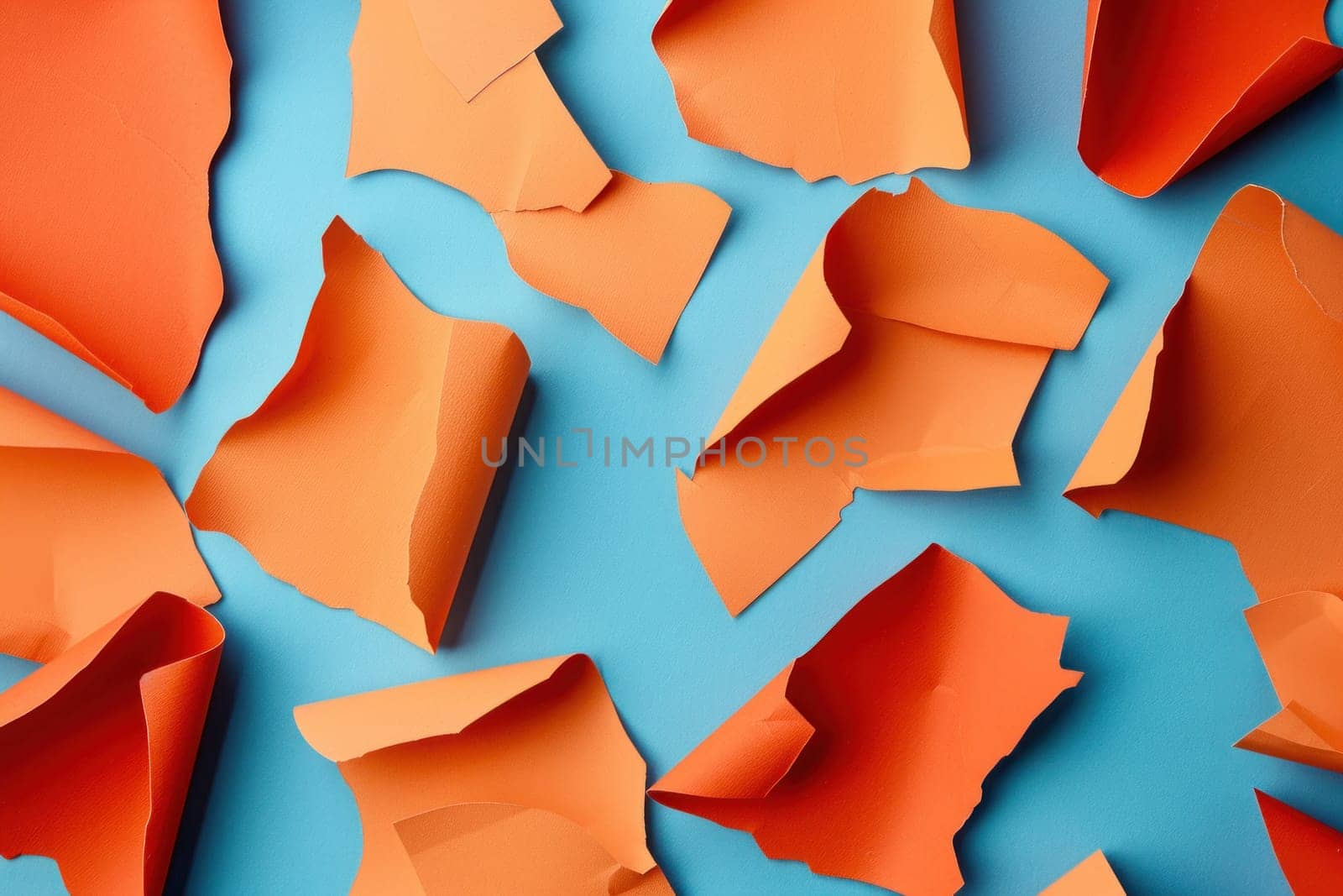 Torn pieces of orange paper on blue background flat lay top view creative design concept texture beauty concept