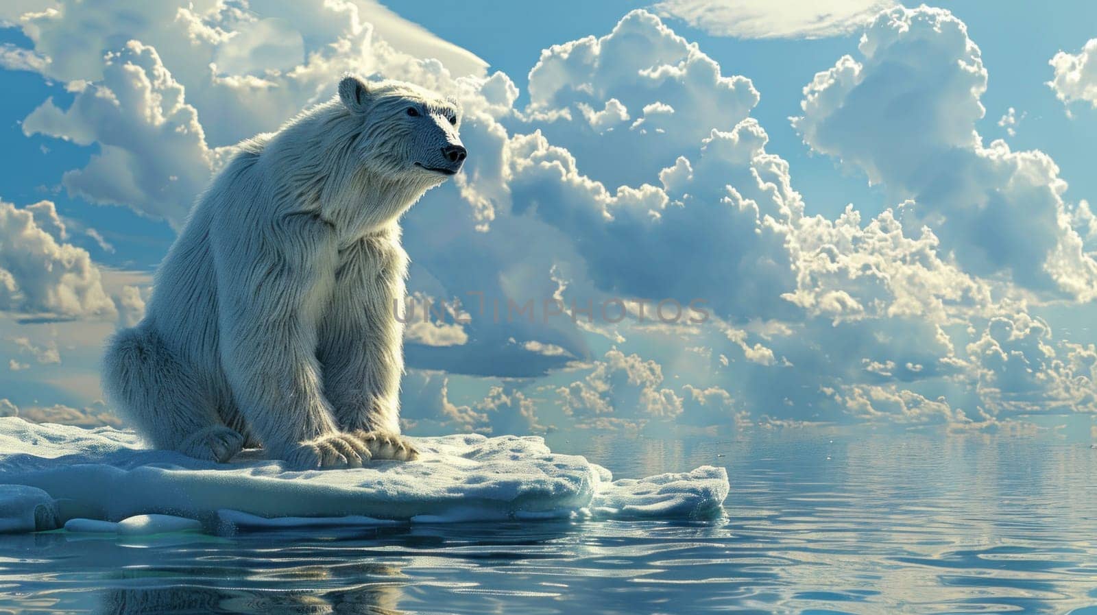 Polar bear sitting on ice floe in the middle of the ocean on arctic expedition journey
