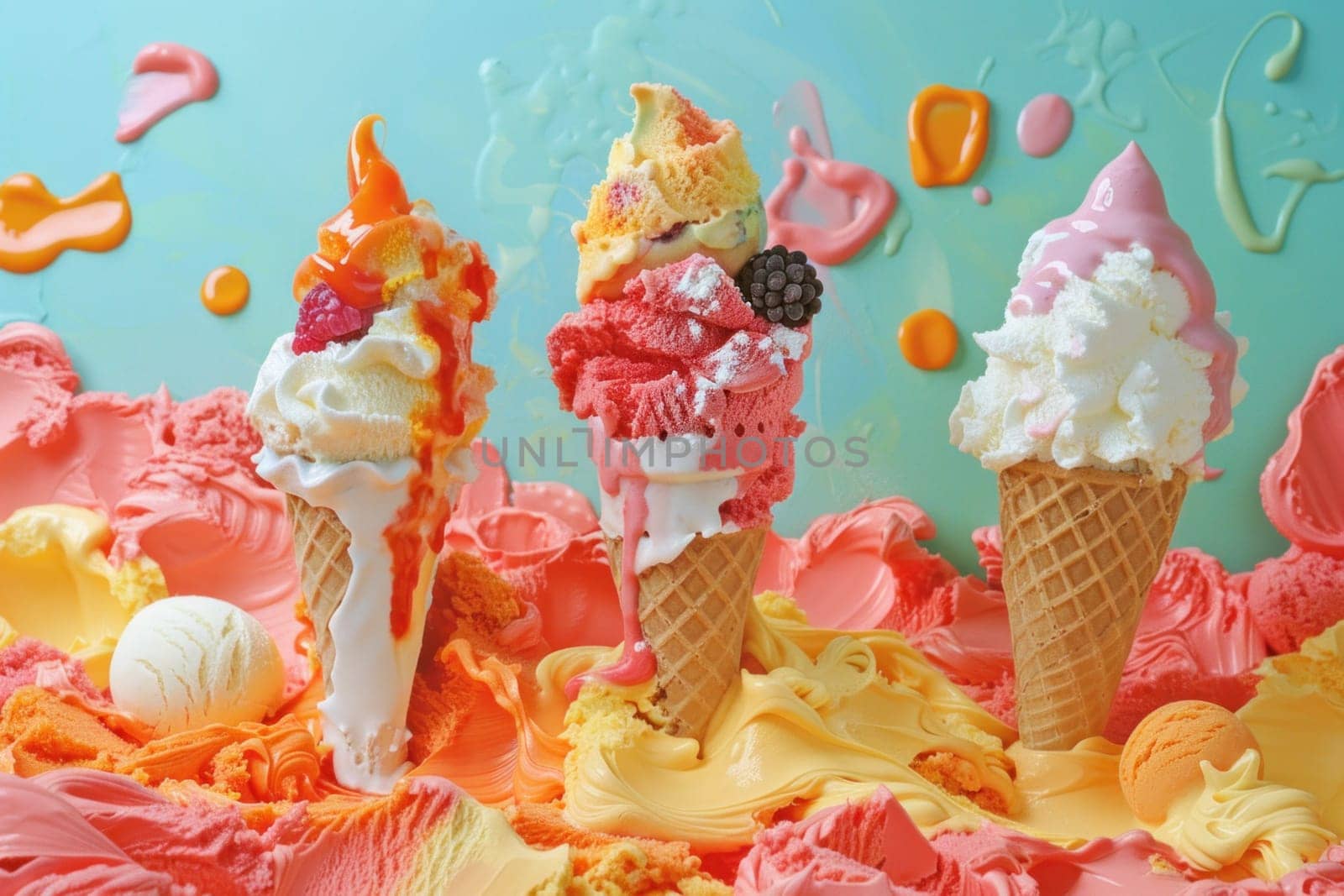 Colorful ice cream cones sitting on top of a vibrant pile of pink and orange ice cream, tempting treat for a summer trip by Vichizh