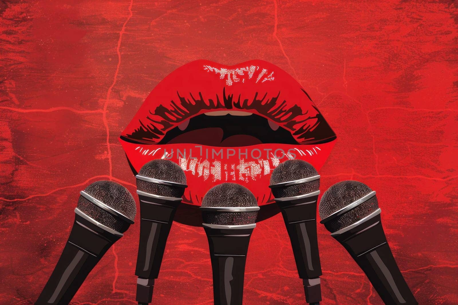 Three microphones and red lipstick on a vibrant background, glamorous beauty and style concept