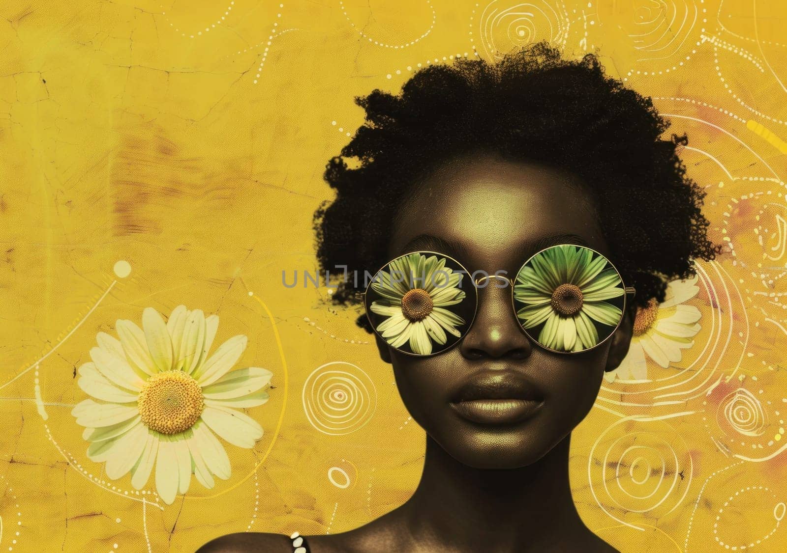 Beauty in bloom black woman with flowers in hair and sunglasses on yellow background, fashion and style concept