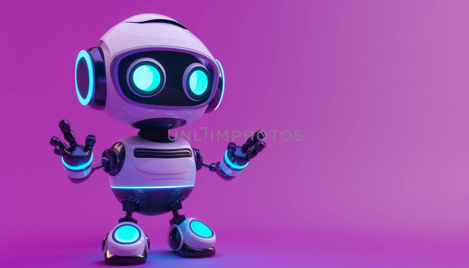 3D Render of Cute Robot with Blue Glowing Eyes and Hands Raised, Concept of Friendly AI and Robotics by AI generated image by wichayada