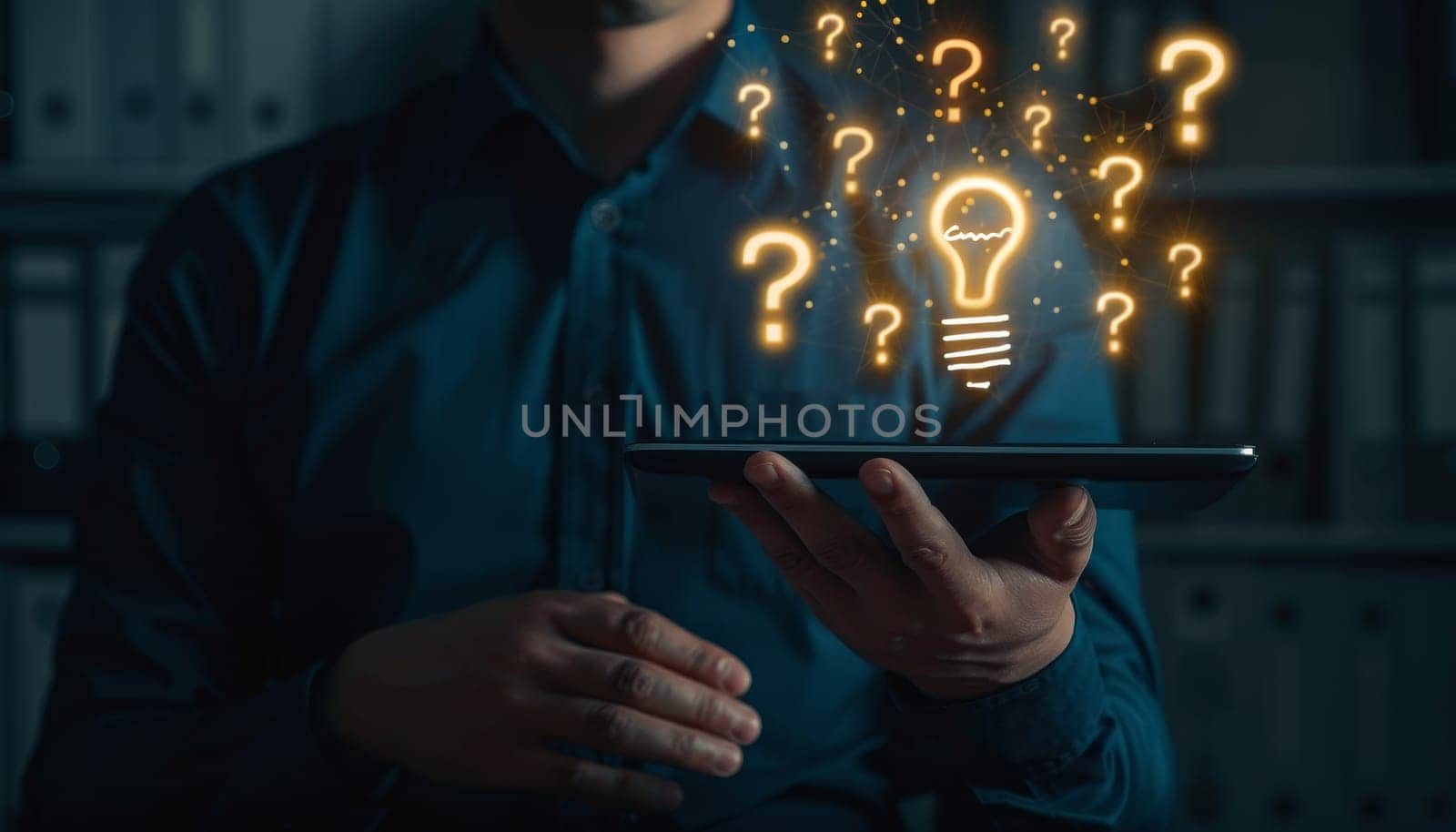 Businessman holding light bulb icon with question marks, Concept of innovation and problem-solving by AI generated image by wichayada