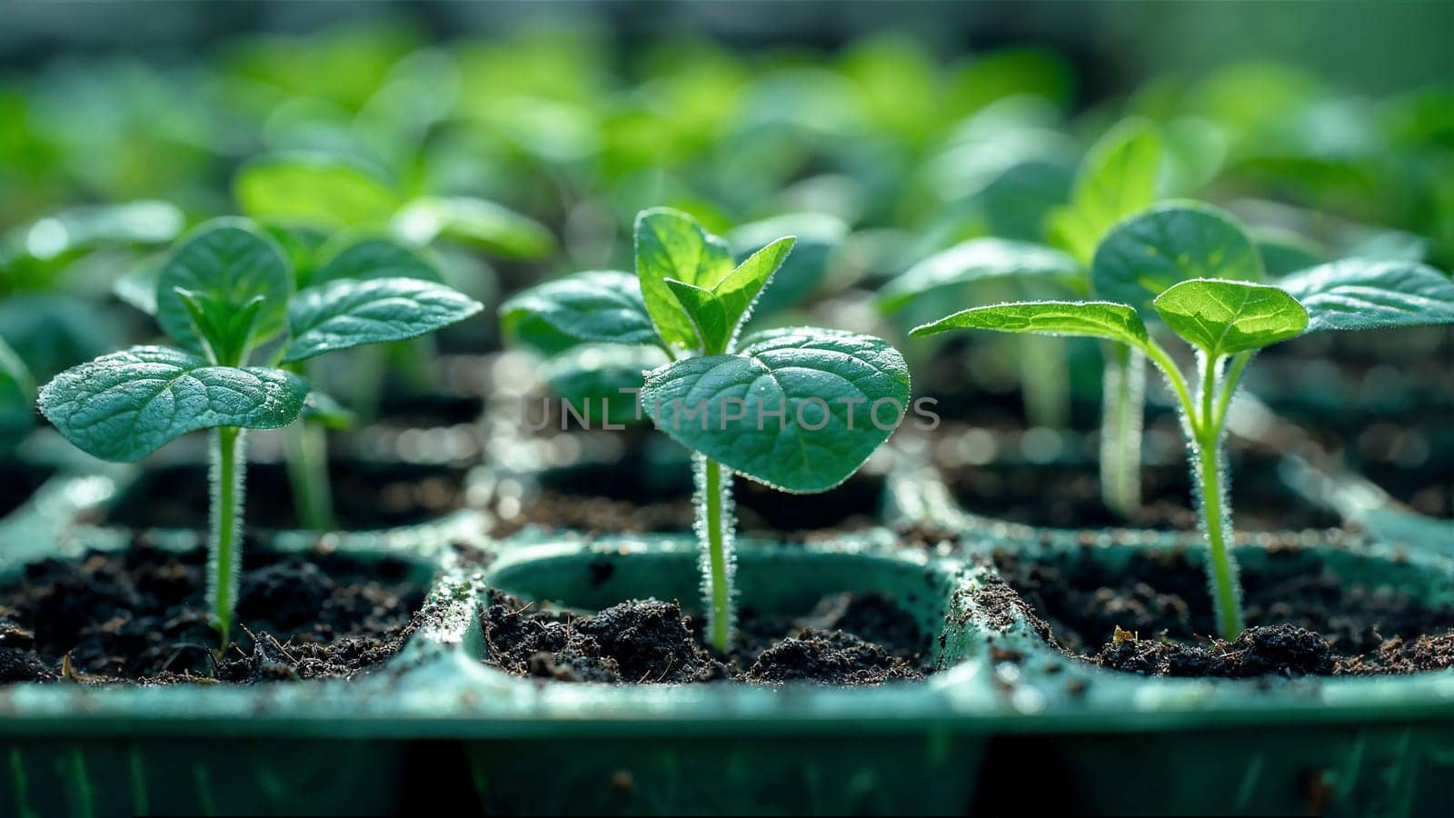 Closeup of a young green plants growing in a plastic tray
