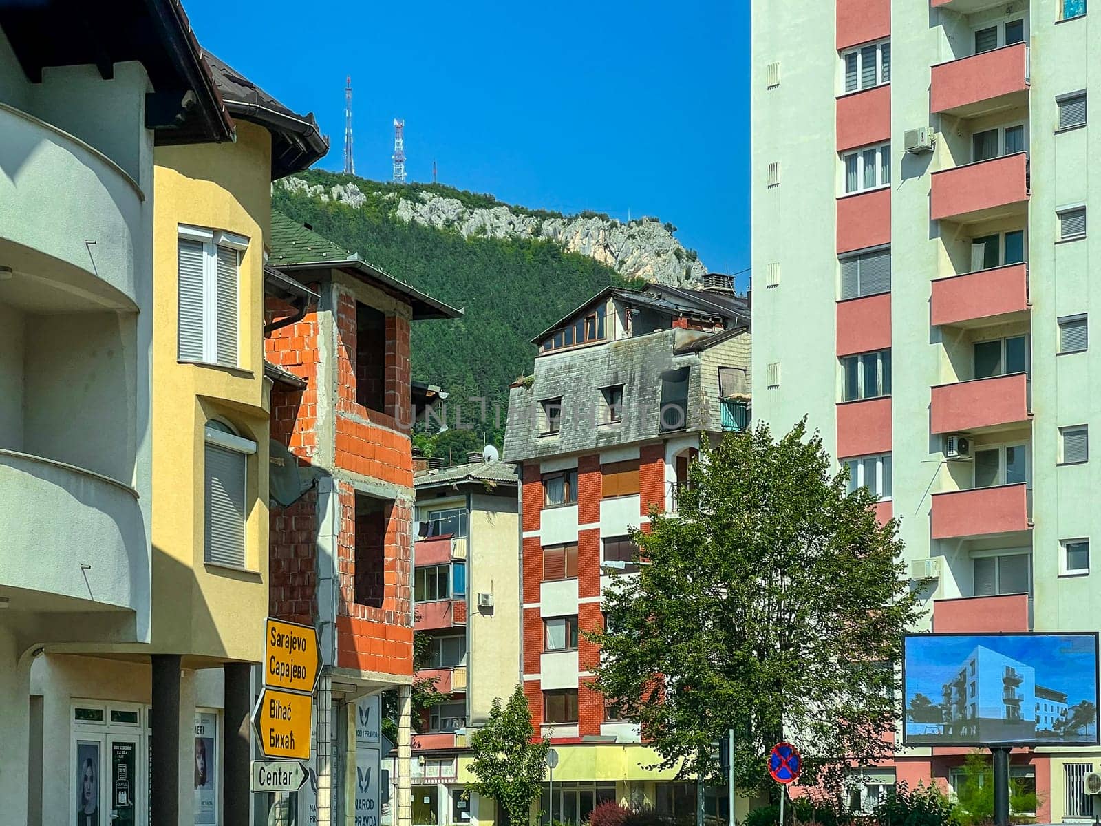 Kljuc, Bosnia Herzegovina, August 23, 2023: Street view of urban buildings in the city. High quality photo