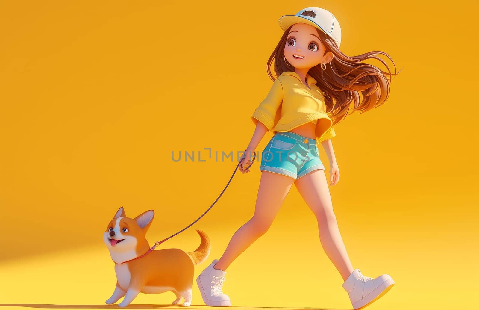 A girl is walking a dog on a leash by AI generated image by wichayada