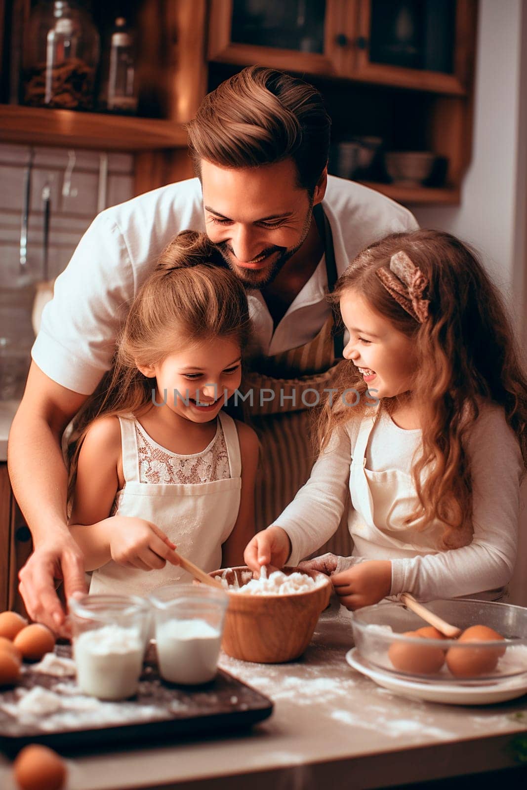 Father and daughter prepare dough in the kitchen. Generative AI, Kid.