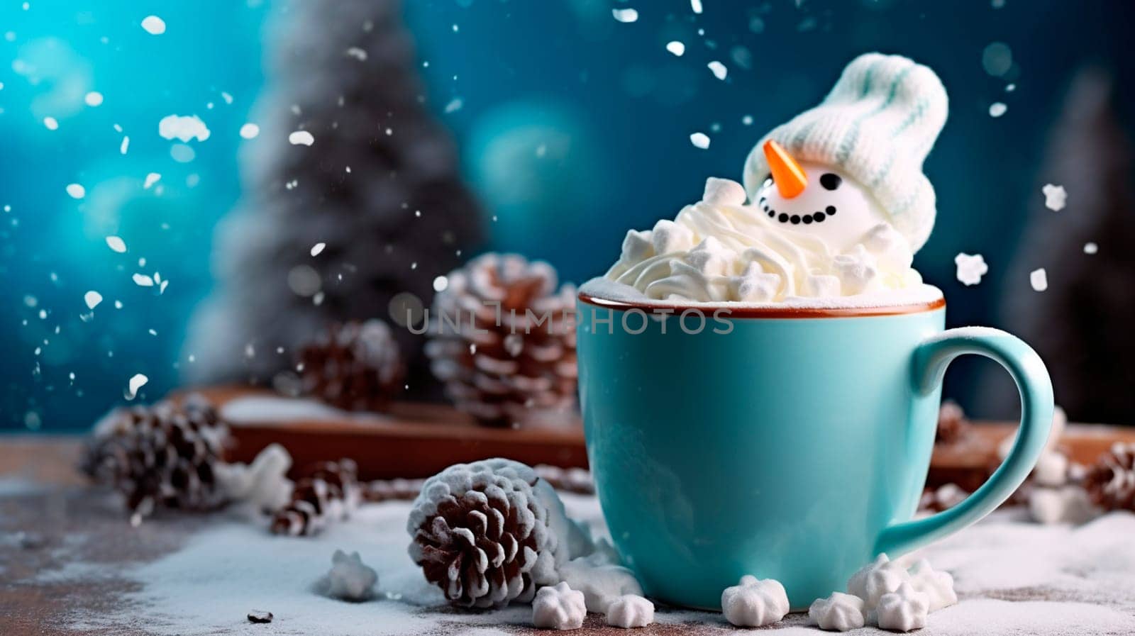 Christmas cup of cocoa with marshmallows and snowman. Generative AI, Food.
