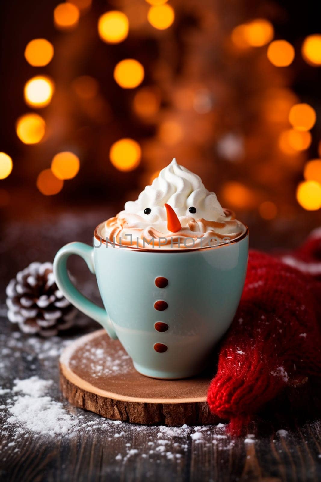 Christmas cup of cocoa with marshmallows and snowman. Generative AI, Food.