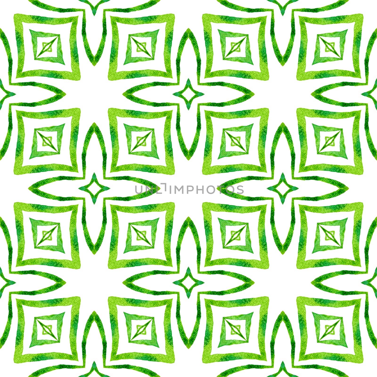 Textile ready fascinating print, swimwear fabric, wallpaper, wrapping. Green divine boho chic summer design. Ikat repeating swimwear design. Watercolor ikat repeating tile border.