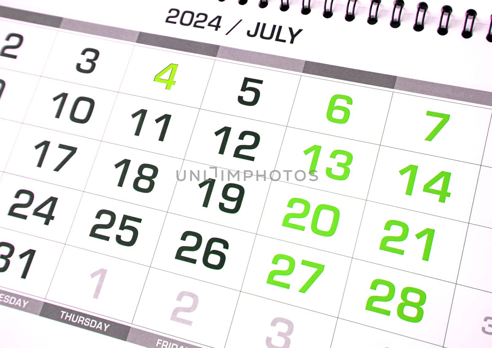 Calendar page for July 2024, close-up.