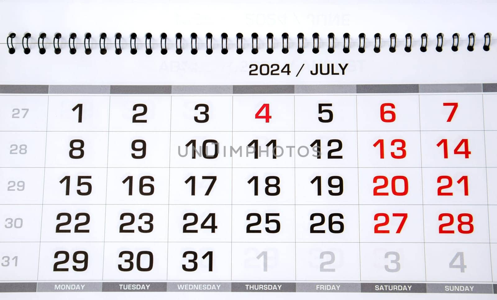 Calendar page for July 2024, close-up.