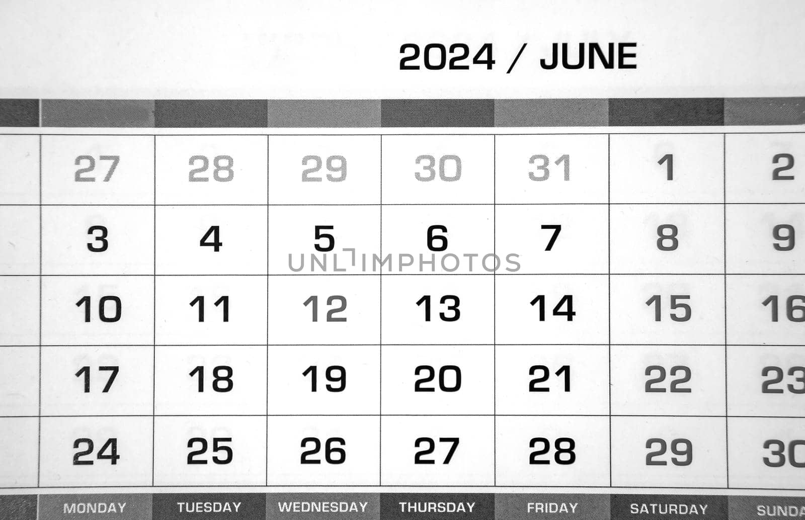 The page of the annual calendar for the month of June 2024. Resolution, strategy, decision, goal, business and holidays. Close-up.