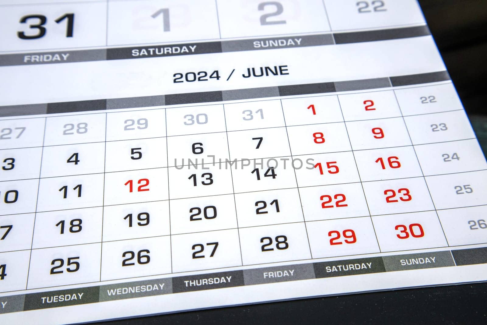 The page of the annual calendar for the month of June 2024. Resolution, strategy, decision, goal, business and holidays. Close-up.