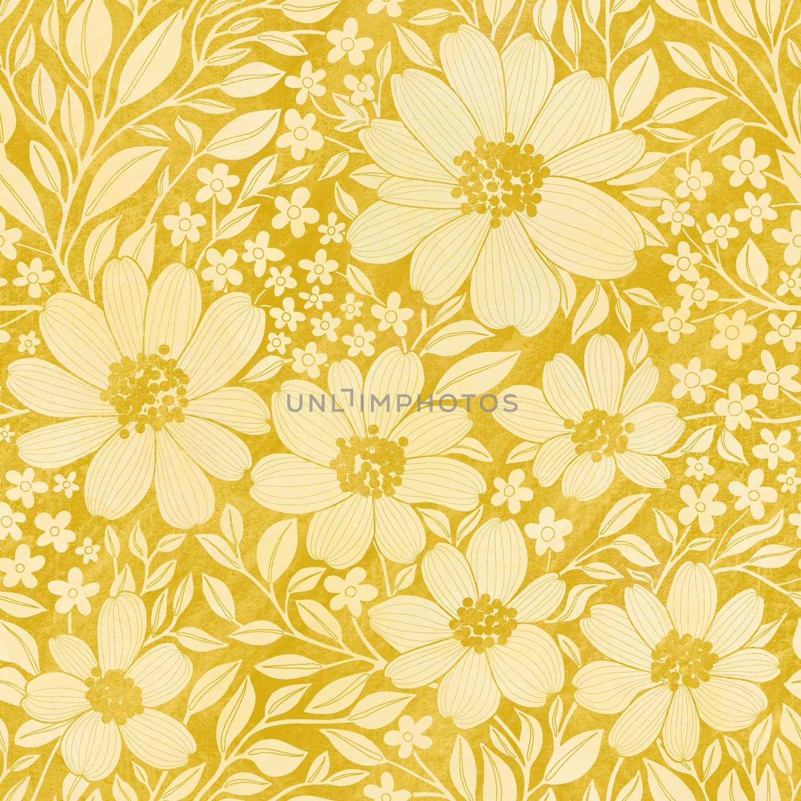 Floral Seamless Pattern of Yellow Flowers and Leaves on Dark Yellow Backdrop with Texture, Wallpaper Design for Textiles, Papers, Prints, Fashion, Beauty Products