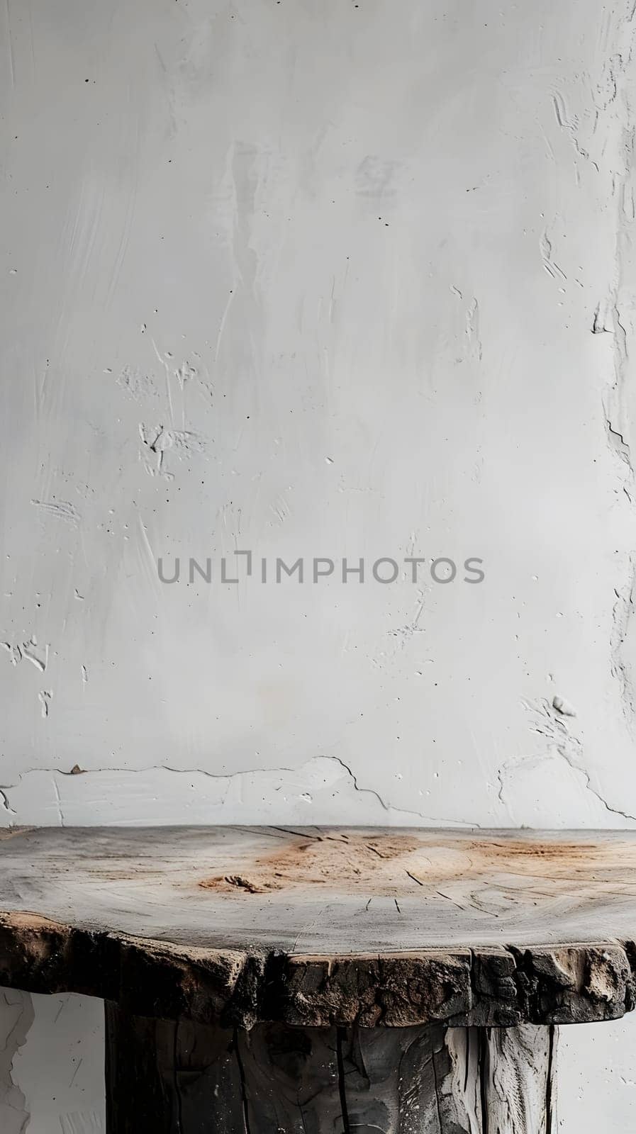 A hardwood rectangle table stands against a white wall by Nadtochiy