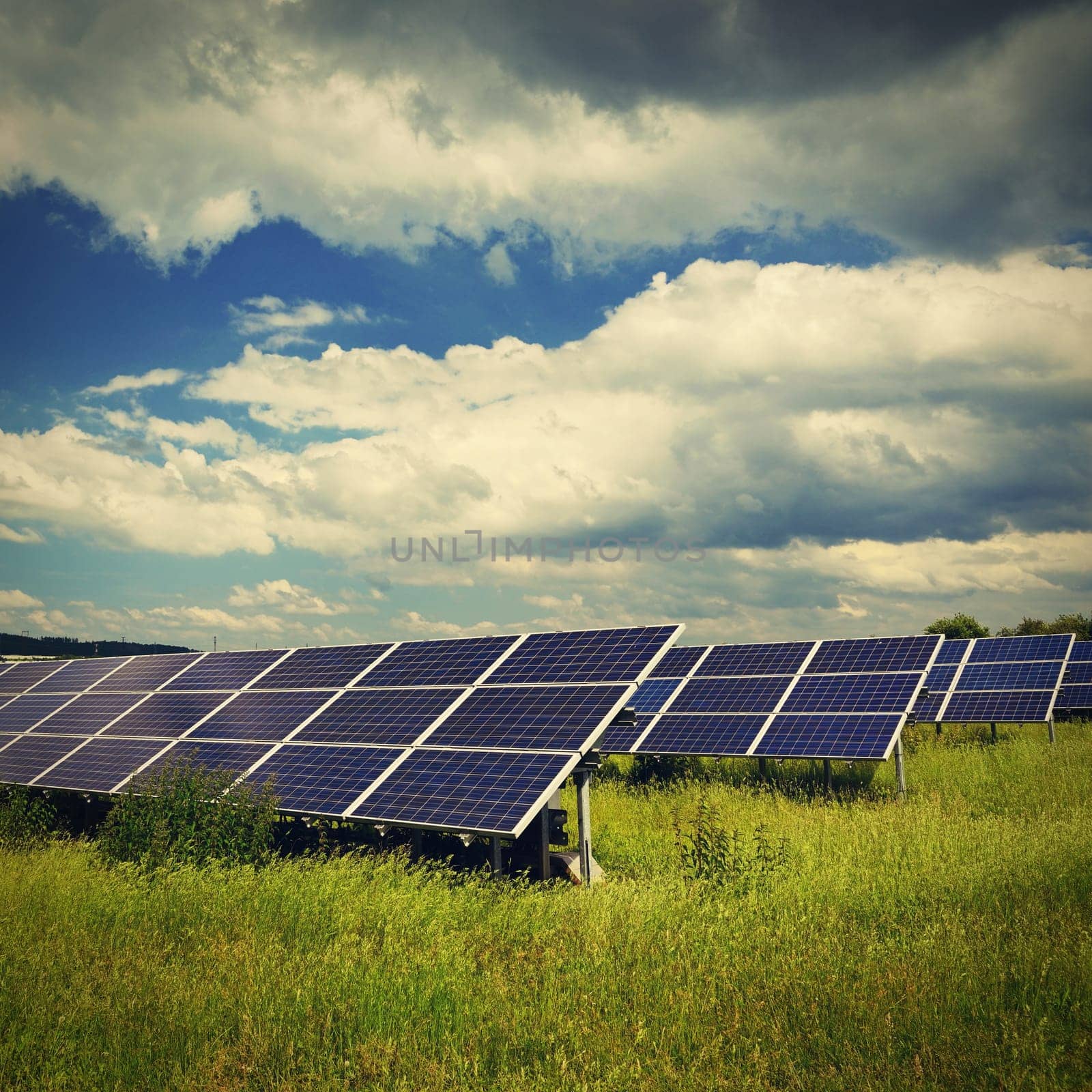 Technology solar cell. Solar panels on the sky background. Power plant. Alternative source of electricity. Solar farm. by Montypeter