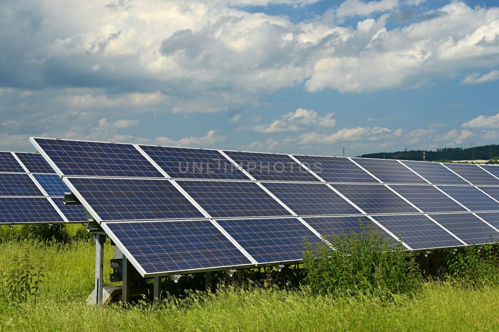 Technology solar cell. Solar panels on the sky background. Power plant. Alternative source of electricity. Solar farm. by Montypeter